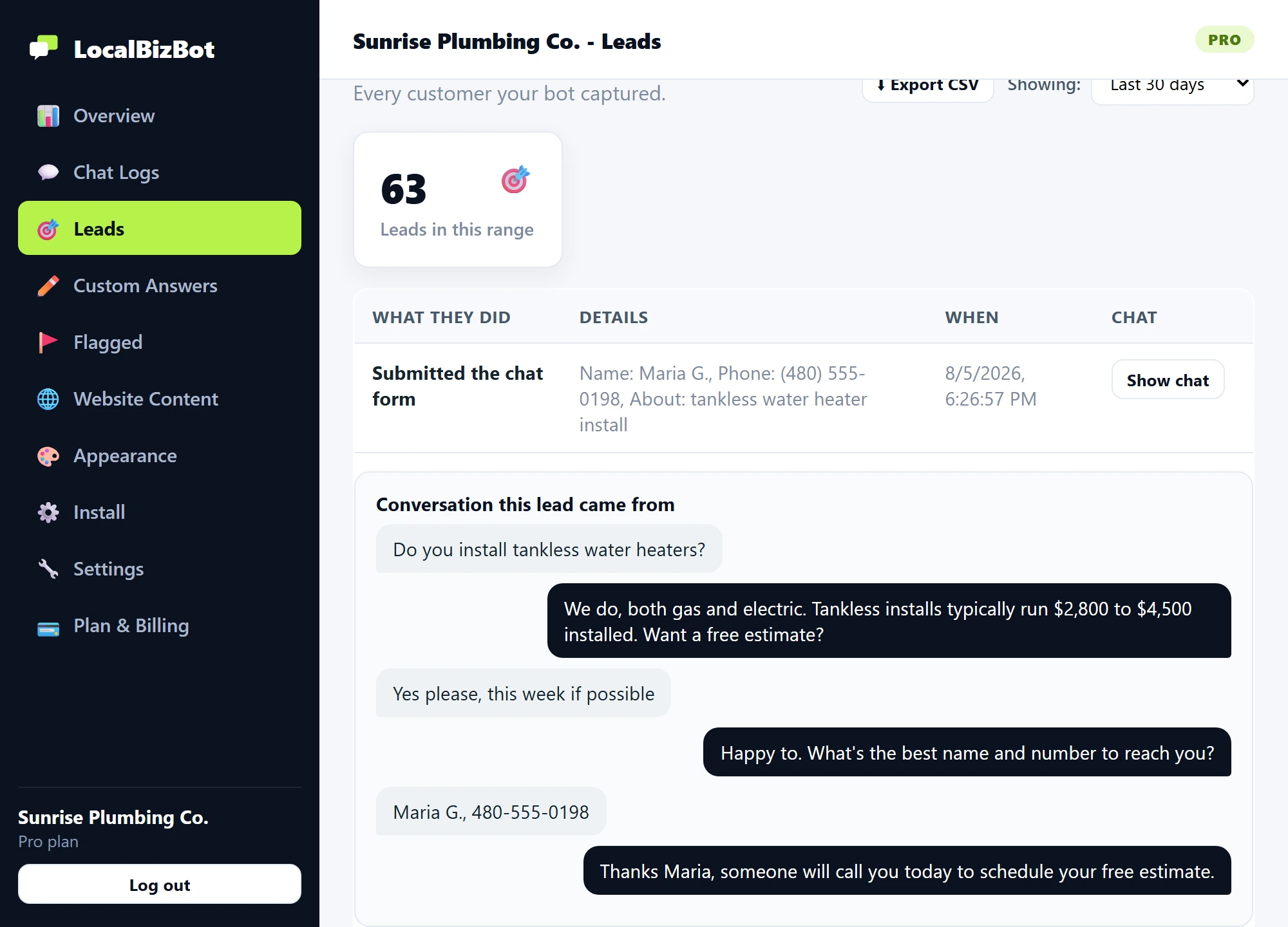 A captured lead in LocalBizBot with the full customer conversation