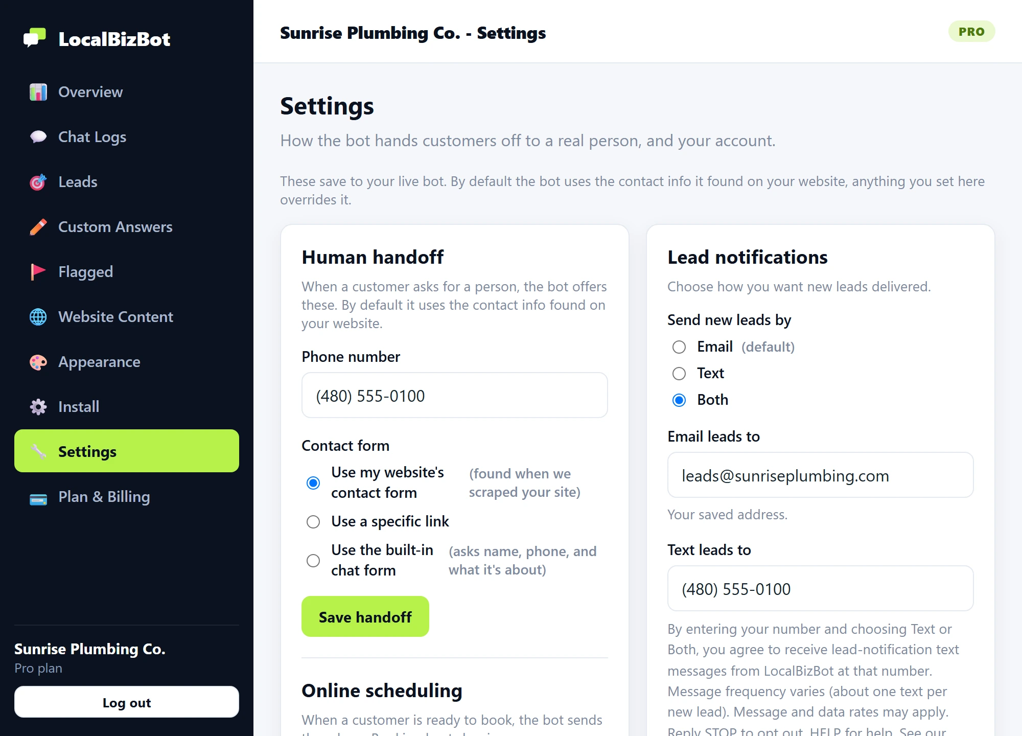 LocalBizBot lead notification settings for text and email