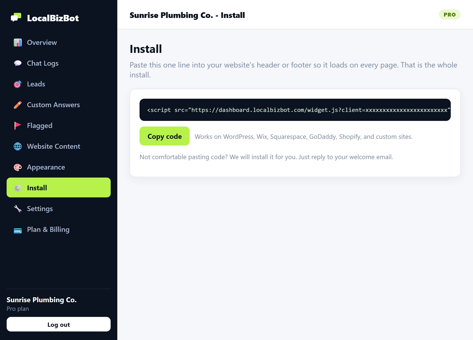 LocalBizBot one-line install snippet